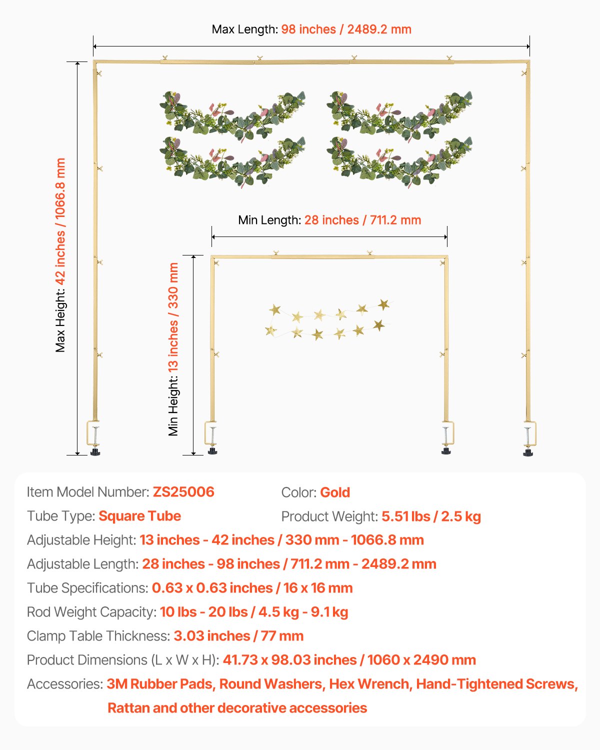 Over The Table Rod Stand with Clamps, 13"-42" Tall & 28"-98" Length Adjustable, Metal Table Arch Stand with Rattan, Tabletop Balloon Arch Frame for Wedding Birthday Christmas Decorations, Gold