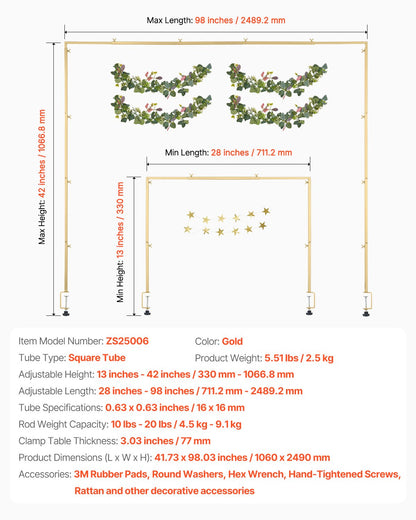 Over The Table Rod Stand with Clamps, 13"-42" Tall & 28"-98" Length Adjustable, Metal Table Arch Stand with Rattan, Tabletop Balloon Arch Frame for Wedding Birthday Christmas Decorations, Gold