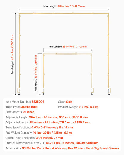 Over The Table Rod Stand with Clamps, 13"-42" Tall & 28"-98" Length Adjustable, 2 Packs Table Arch Stand, Tabletop Balloon Arch Frame for Wedding Birthday Party Christmas Decorations, Gold