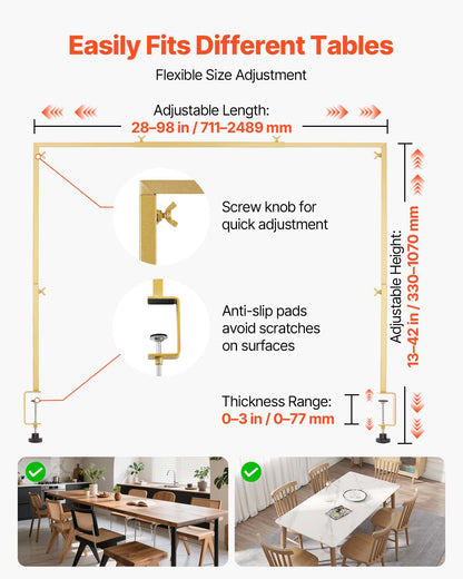 Over the Table Rod Stand with Clamps, Adjustable 28"-98" Length & 13"-42" Height, Table Arch Stand with Floral Accessories, Gold Balloon Frame for Wedding Birthday Party Christmas Decoration