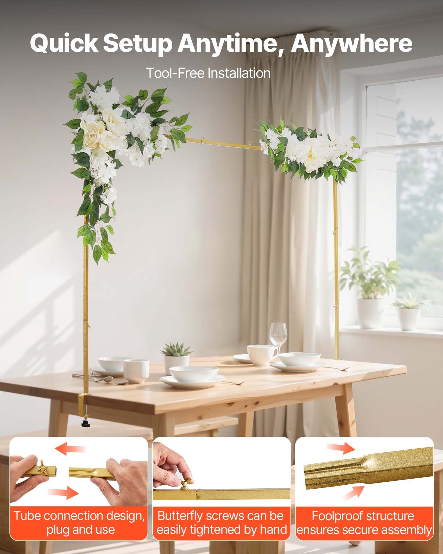 Over the Table Rod Stand with Clamps, Adjustable 28"-98" Length & 13"-42" Height, Table Arch Stand with Floral Accessories, Gold Balloon Frame for Wedding Birthday Party Christmas Decoration