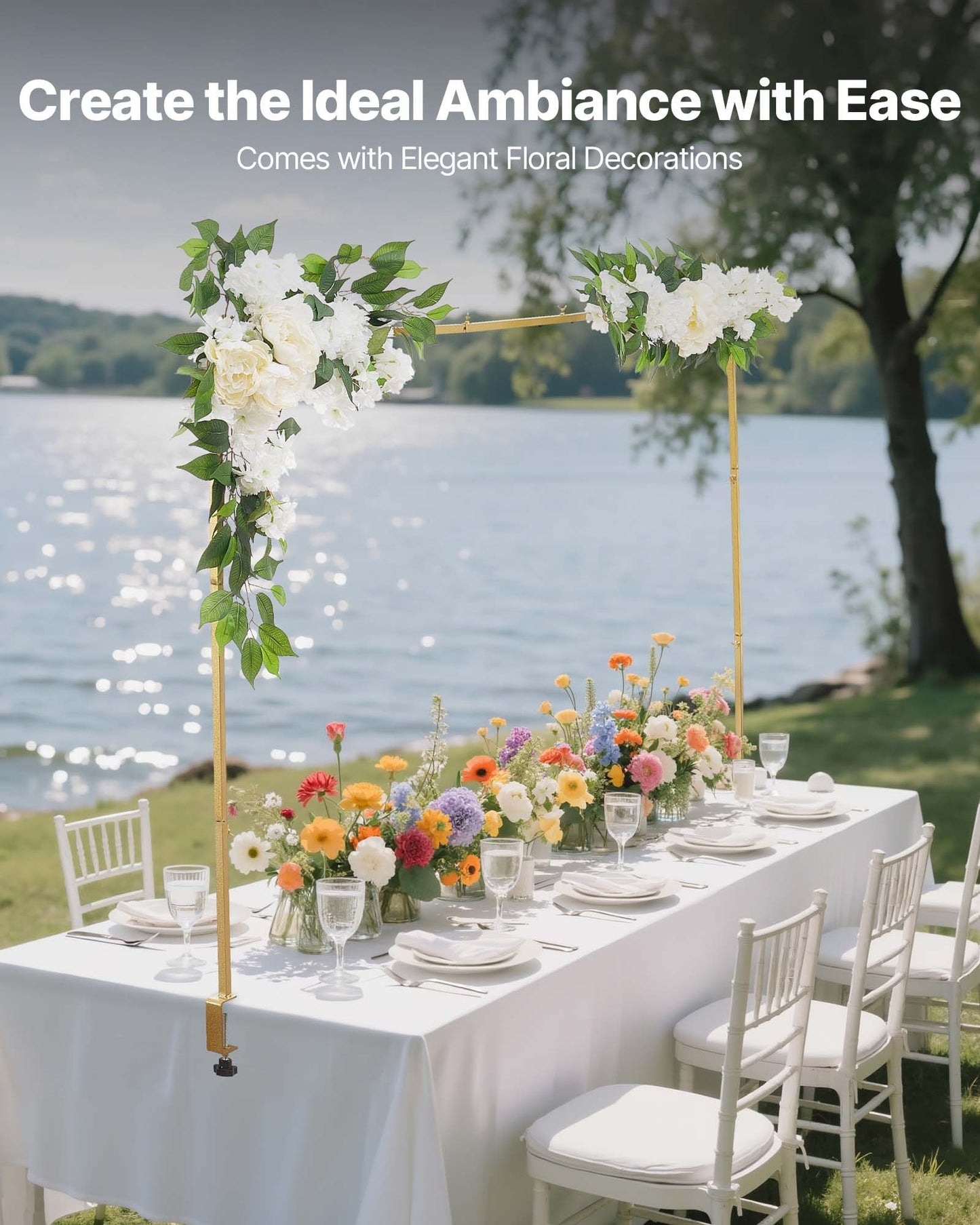 Over the Table Rod Stand with Clamps, Adjustable 28"-98" Length & 13"-42" Height, Table Arch Stand with Floral Accessories, Gold Balloon Frame for Wedding Birthday Party Christmas Decoration