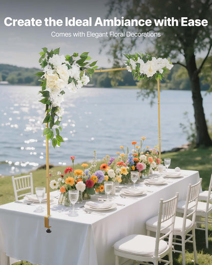 Over the Table Rod Stand with Clamps, Adjustable 28"-98" Length & 13"-42" Height, Table Arch Stand with Floral Accessories, Gold Balloon Frame for Wedding Birthday Party Christmas Decoration