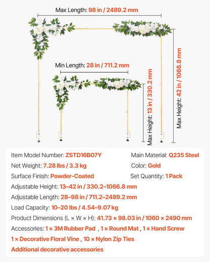Over the Table Rod Stand with Clamps, Adjustable 28"-98" Length & 13"-42" Height, Table Arch Stand with Floral Accessories, Gold Balloon Frame for Wedding Birthday Party Christmas Decoration