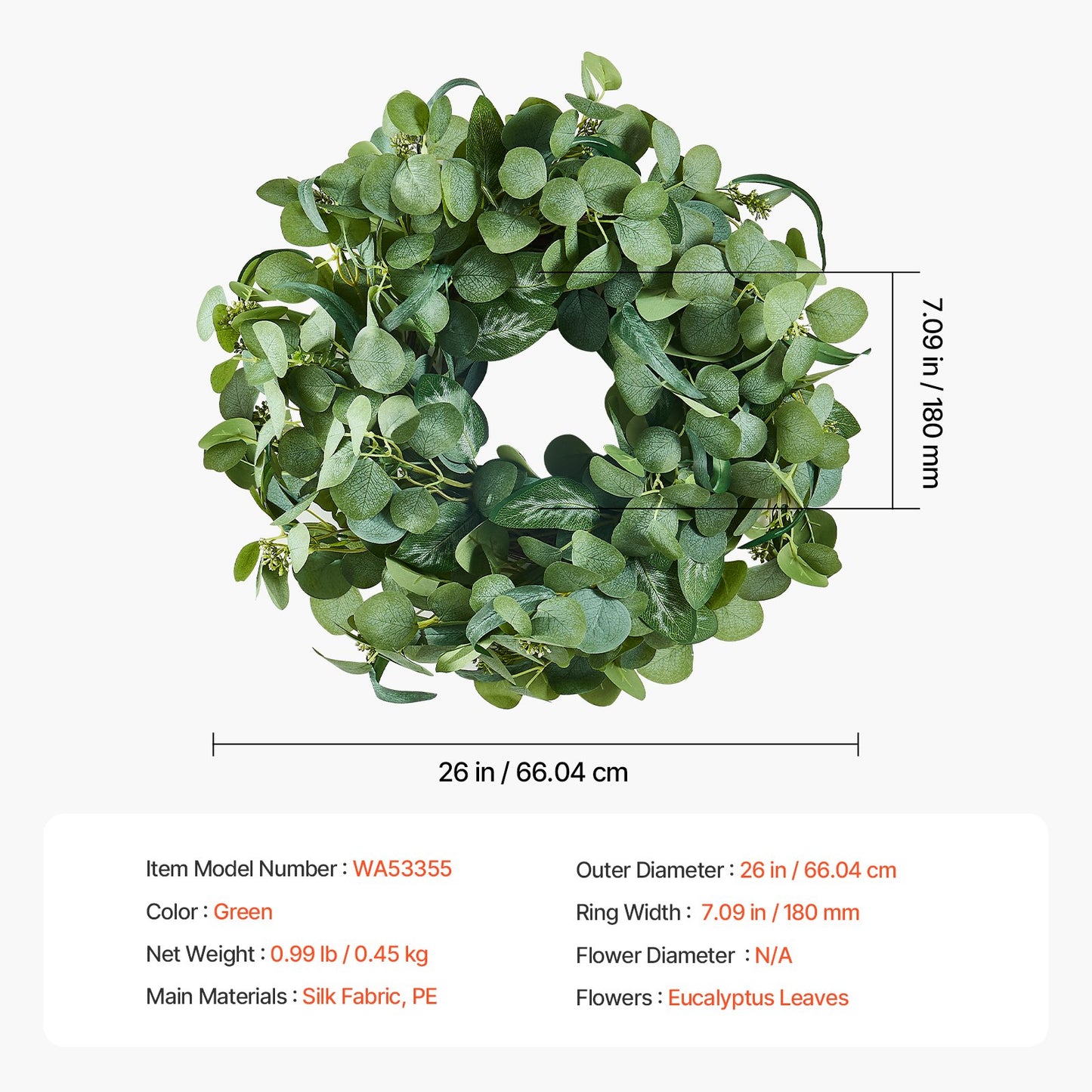 Artificial decorative wreath 26 in green eucalyptus leaves all year round