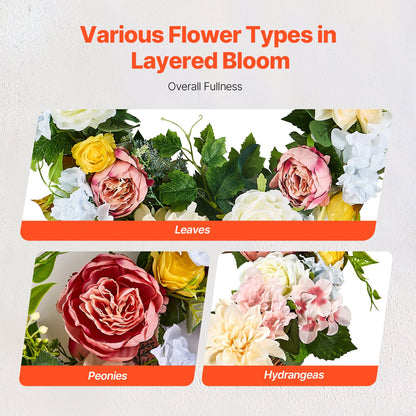 Artificiell Dekorativ Krans 24 i Vit Rosa Gula Pioner Hortensior