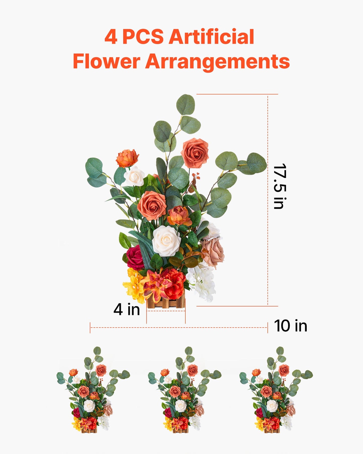 Standing Artificial Flowers Arrangements 4 PCS, 17.5-Inch Tall Faux Flower Decorations for Wedding Aisle Runner Chair, Orange Floral Centerpieces for Ceremony Reception Party Outdoor Decor