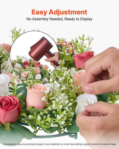 Artificial Rose Wreath, 14-Inch Diameter Faux Flower Wreath with Pink and White Roses, Flower Arrangement Centerpiece for Valentine's, Mother's Day, Party, Wedding and Home Table Décor, 10 PCS