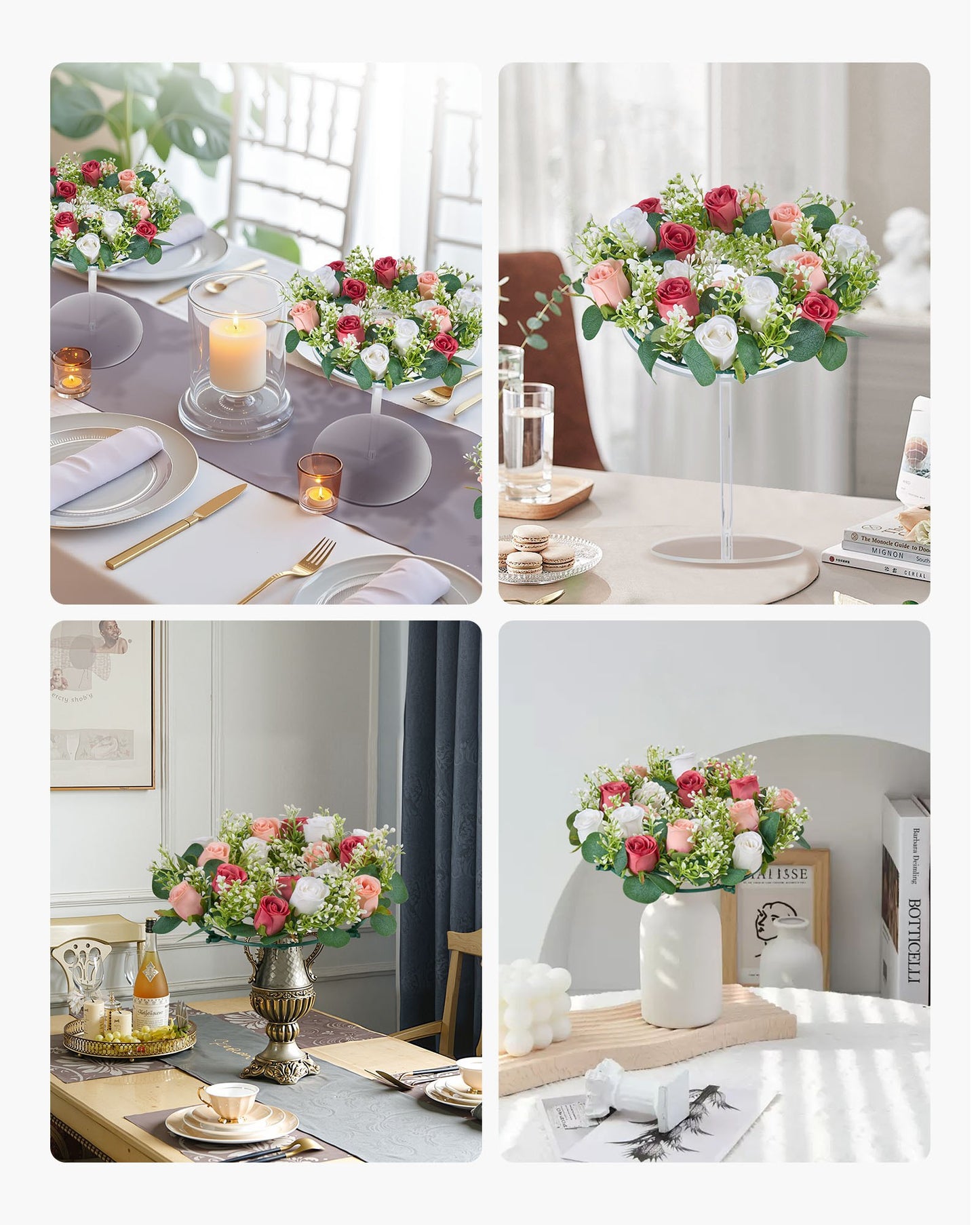 Artificial Rose Wreath, 14-Inch Diameter Faux Flower Wreath with Pink and White Roses, Flower Arrangement Centerpiece for Valentine's, Mother's Day, Party, Wedding and Home Table Décor, 10 PCS