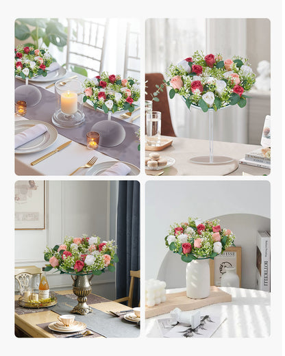 Artificial Rose Wreath, 14-Inch Diameter Faux Flower Wreath with Pink and White Roses, Flower Arrangement Centerpiece for Valentine's, Mother's Day, Party, Wedding and Home Table Décor, 10 PCS