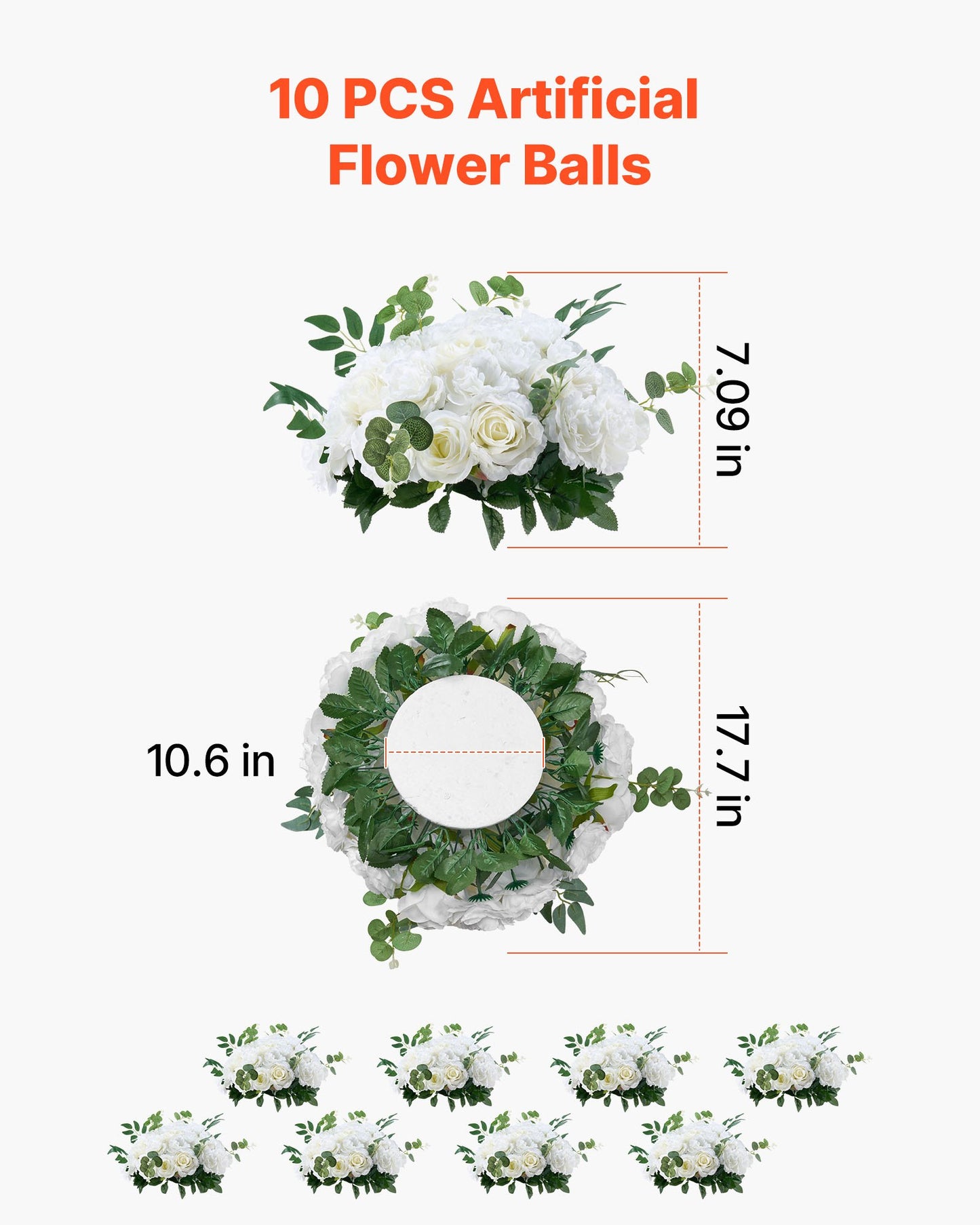 Flower Balls Arrangement Bouquet 10 PCS, 17.7-Inch Diameter Artificial Flower Balls Wedding White Roses Centerpieces, Faux Flowers Arrangements for Wedding Centerpiece Home Table Decorations