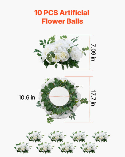 Flower Balls Arrangement Bouquet 10 PCS, 17.7-Inch Diameter Artificial Flower Balls Wedding White Roses Centerpieces, Faux Flowers Arrangements for Wedding Centerpiece Home Table Decorations
