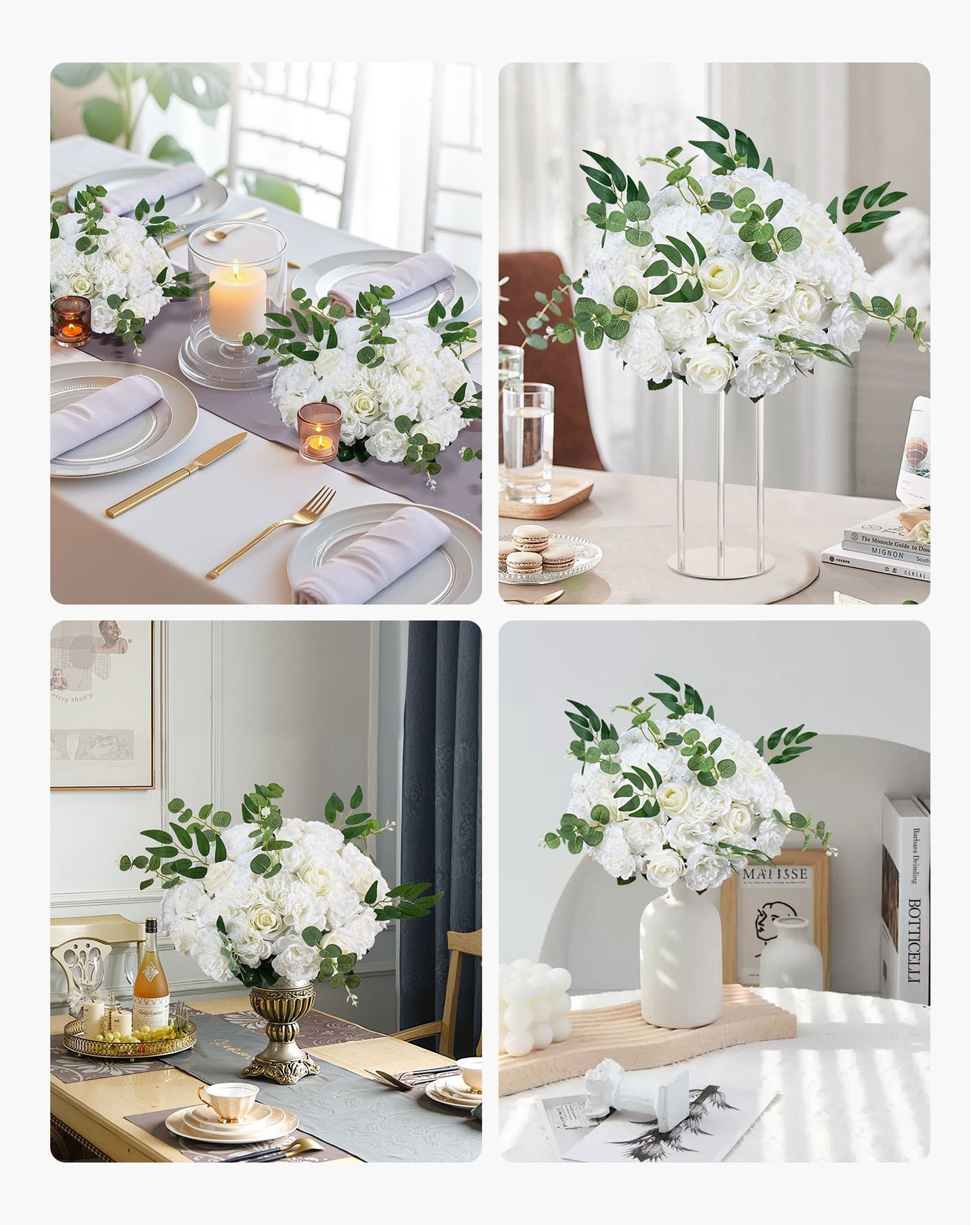 Flower Balls Arrangement Bouquet 10 PCS, 17.7-Inch Diameter Artificial Flower Balls Wedding White Roses Centerpieces, Faux Flowers Arrangements for Wedding Centerpiece Home Table Decorations