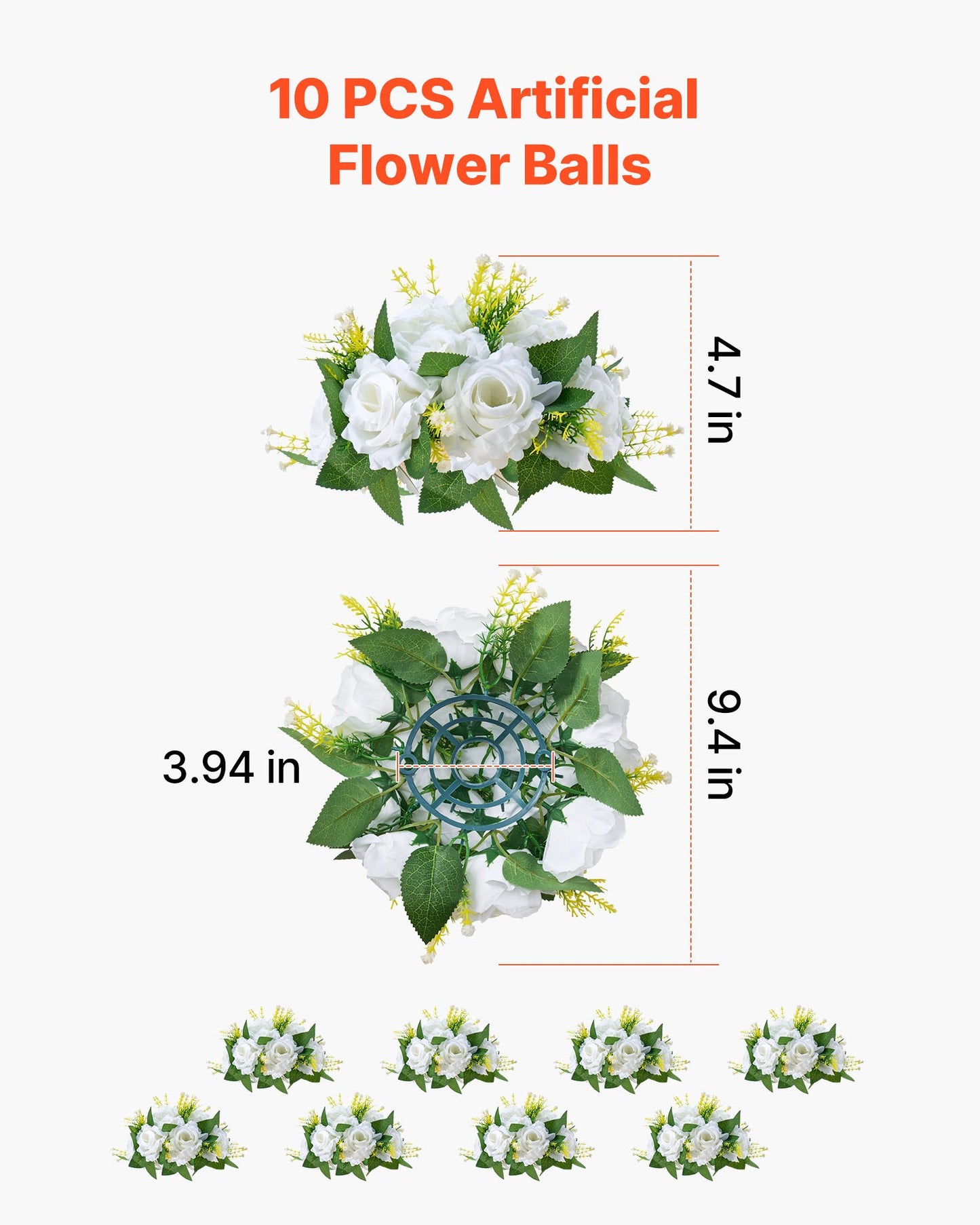 Flower Balls Arrangement Bouquet 10 PCS, 9.5-Inch Diameter Artificial Flower Balls Wedding Rose Centerpieces, Faux Flowers Arrangements for Wedding Centerpiece Home Table Decorations, White