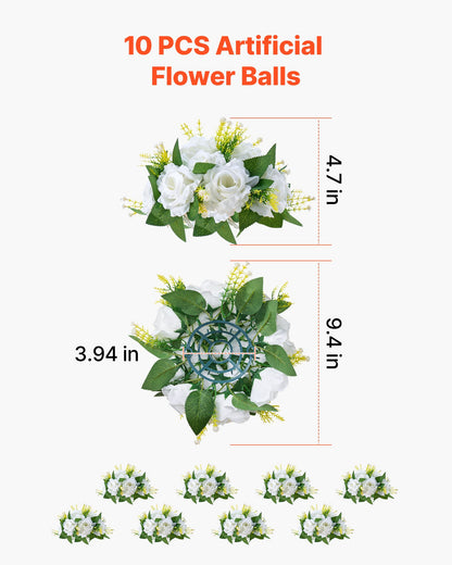 Flower Balls Arrangement Bouquet 10 PCS, 9.5-Inch Diameter Artificial Flower Balls Wedding Rose Centerpieces, Faux Flowers Arrangements for Wedding Centerpiece Home Table Decorations, White