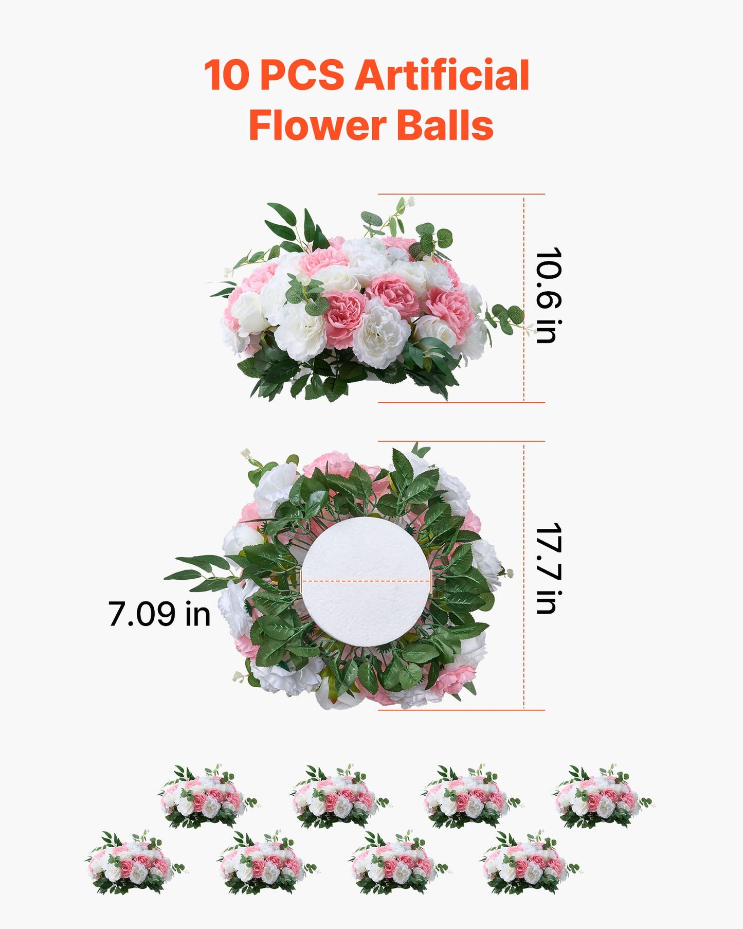 Flower Ball Arrangement Bouquet 10 PCS, 17.7-Inch Diameter Artificial Flower Balls Wedding Table Centerpieces, Rose Arrangements for Wedding Centerpiece Home Decorations, Pink and White Roses