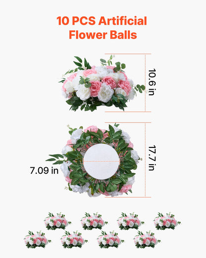 Flower Ball Arrangement Bouquet 10 PCS, 17.7-Inch Diameter Artificial Flower Balls Wedding Table Centerpieces, Rose Arrangements for Wedding Centerpiece Home Decorations, Pink and White Roses