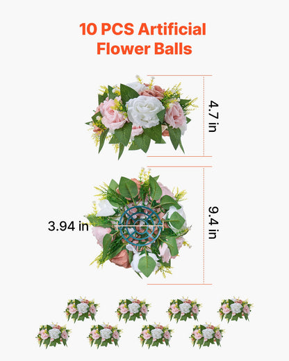 Flower Ball Arrangement Bouquet 10PCS, 9.5-Inch Diameter Artificial Flower Balls Wedding Table Centerpieces, Faux Rose Arrangements for Wedding Centerpiece Home Decoration, Pink and White Roses