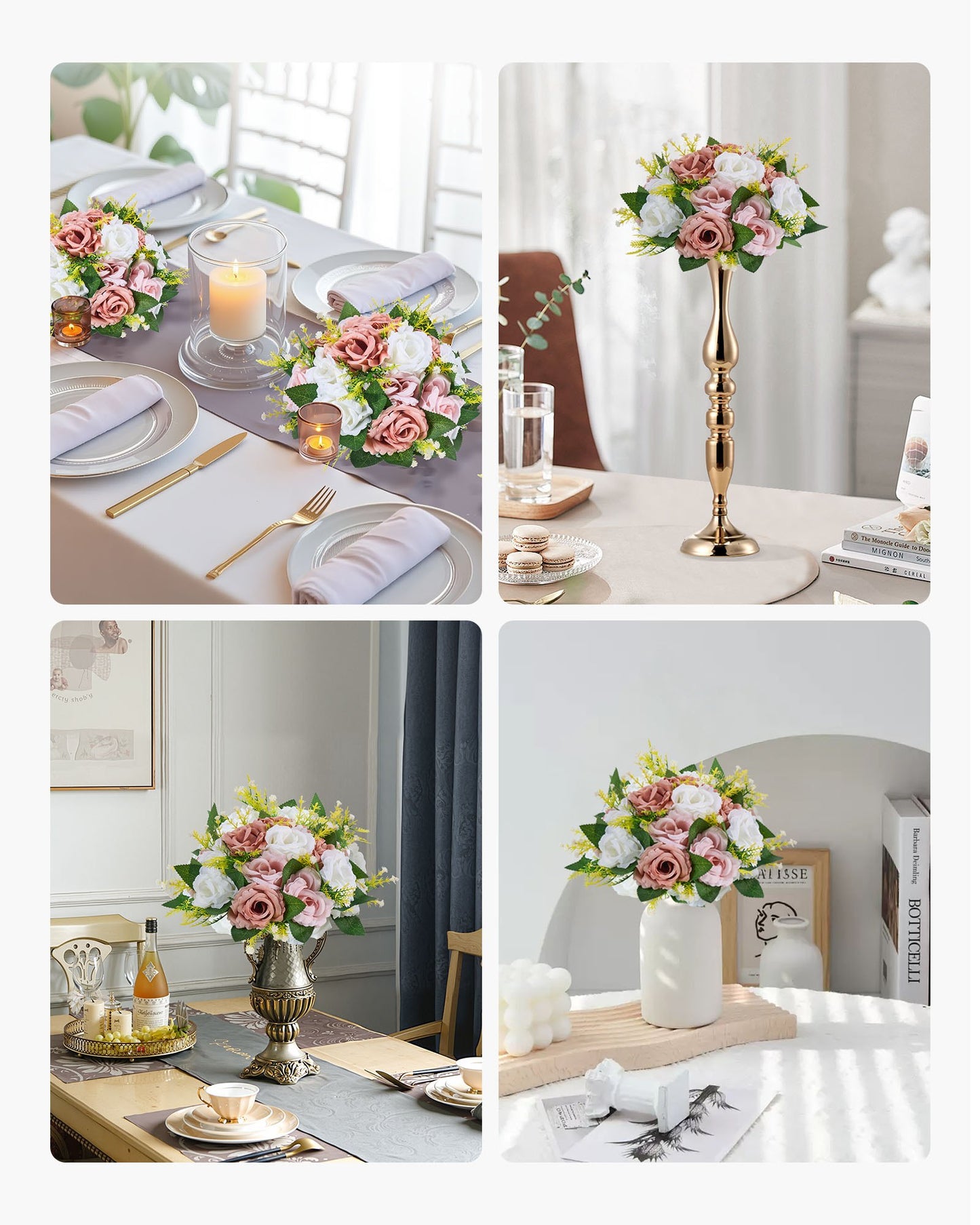 Flower Ball Arrangement Bouquet 10PCS, 9.5-Inch Diameter Artificial Flower Balls Wedding Table Centerpieces, Faux Rose Arrangements for Wedding Centerpiece Home Decoration, Pink and White Roses