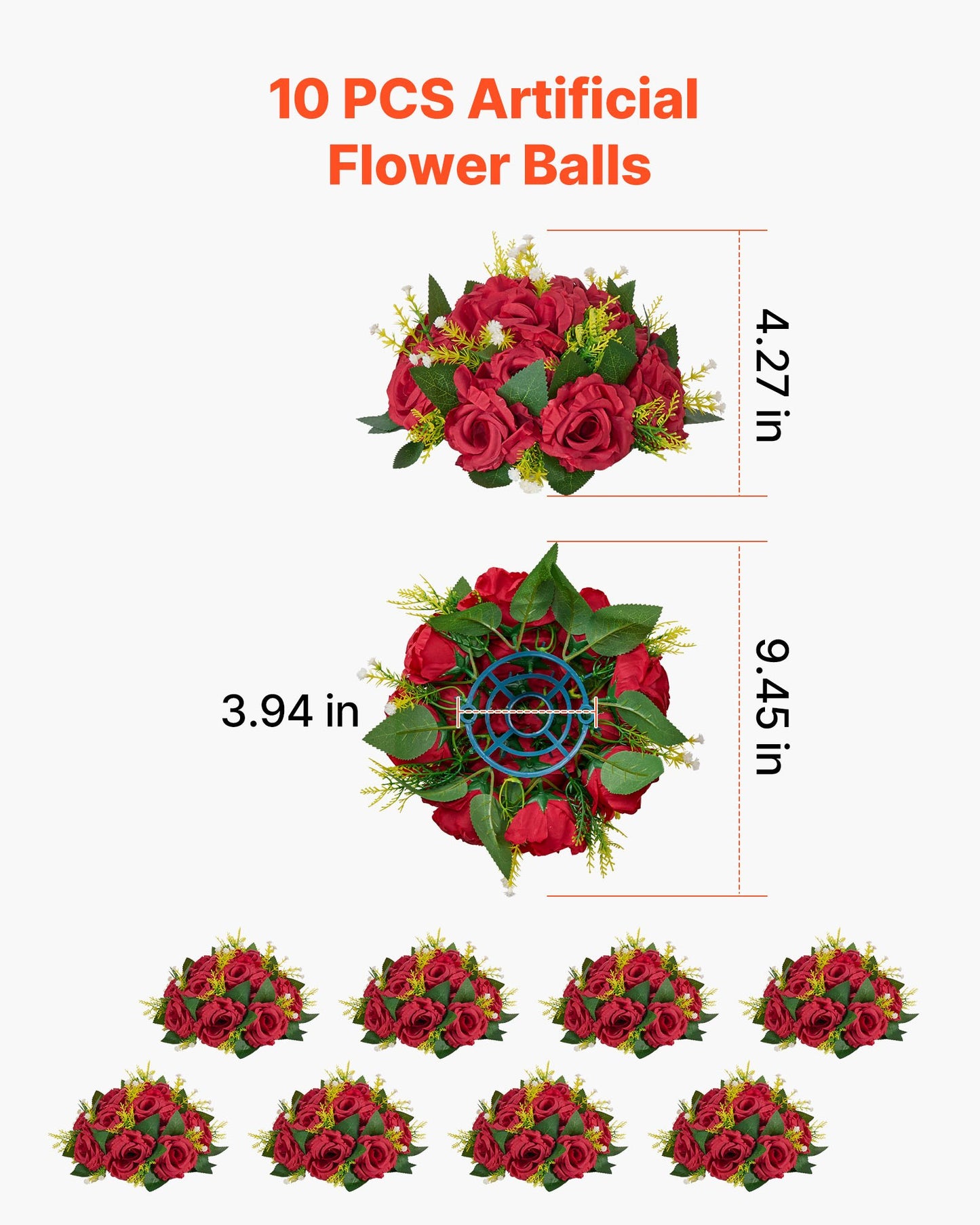 Flower Balls Arrangement Bouquet 10 PCS, 9.5-Inch Wedding Red Roses Centerpieces, Fake Flowers Kissing Balls Decor Artificial Floral Arrangements Flower Bouquet for Home Party Table Decorations