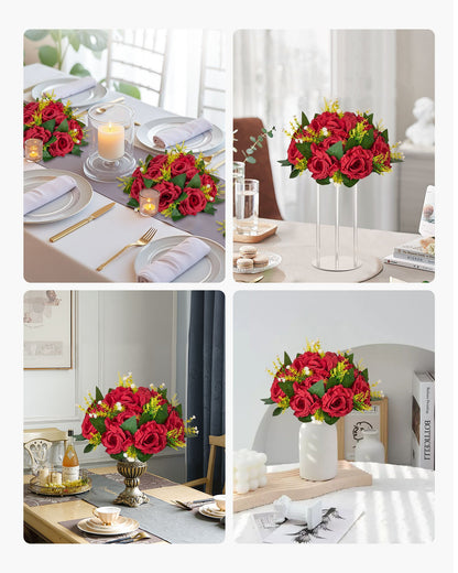 Flower Balls Arrangement Bouquet 10 PCS, 9.5-Inch Wedding Red Roses Centerpieces, Fake Flowers Kissing Balls Decor Artificial Floral Arrangements Flower Bouquet for Home Party Table Decorations