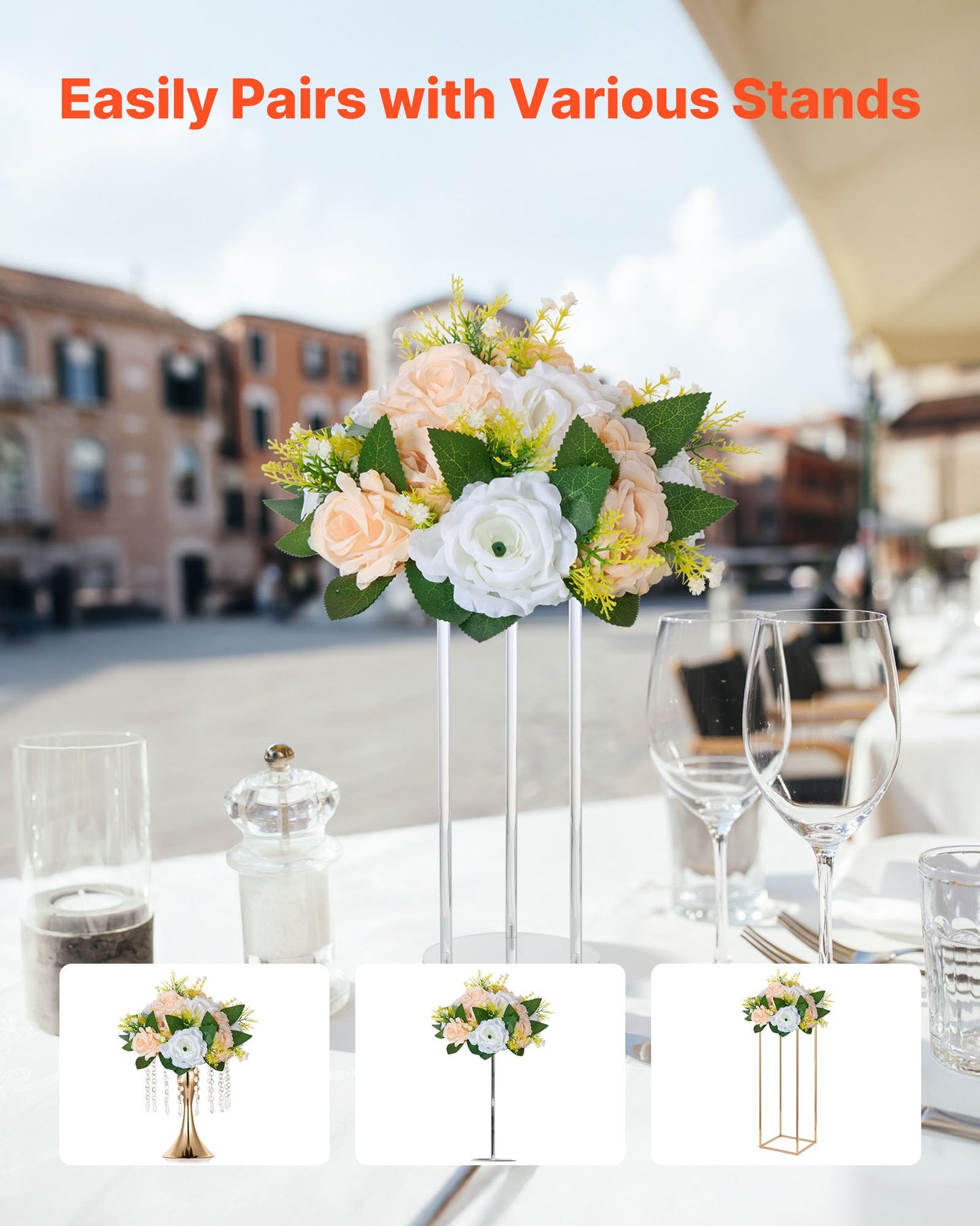 Flower Ball Arrangement Bouquet 10 PCS, 9.5-Inch Diameter Artificial Flower Balls Wedding Table Centerpieces, Rose Arrangements for Wedding Centerpiece Home Decoration, Champagne & White Roses