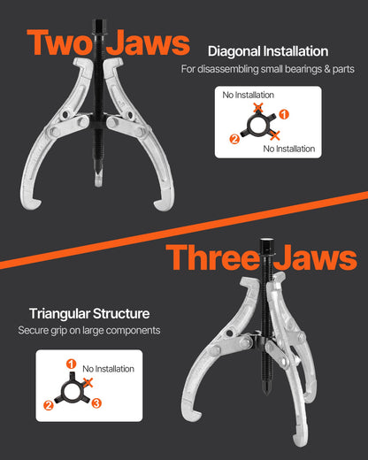 Gear Puller Set, 3 in/4 in/6 in/8 in 3 Jaw Bearing Puller with Reversible Jaws, 2 Jaw/3 Jaw Pulley Puller Tool, 4 PCS Heavy Duty Bearing Puller Tool Kit for Pulley Gear Bearing Flywheel Removal