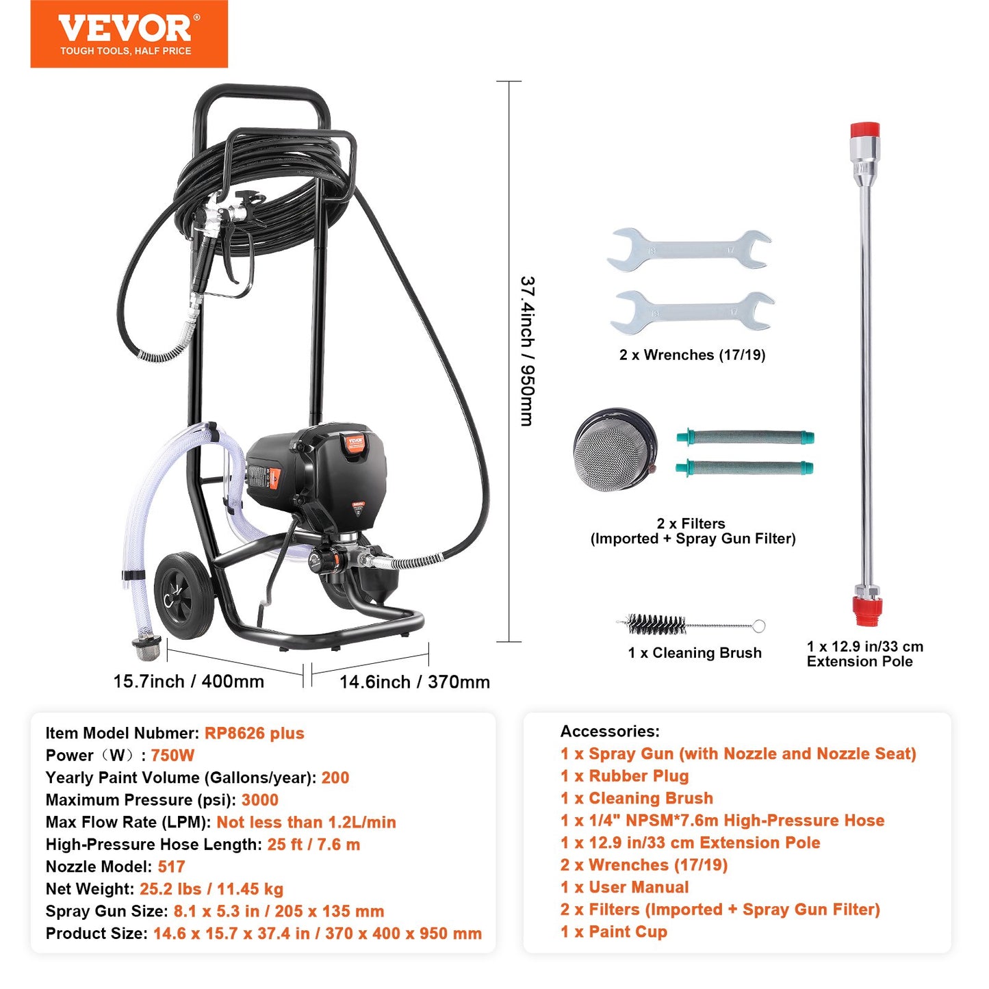 750W Stand Airless Paint Sprayer, 3000PSI High Efficiency Electric Airless Sprayer With Cart, Paint Sprayers for Home Interior and Exterior Furniture and Fences, Fine And Even Painting Effect