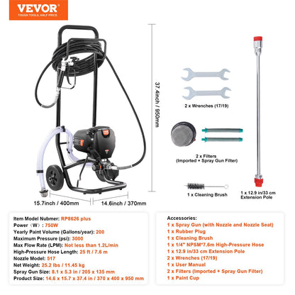 750W Stand Airless Paint Sprayer, 3000PSI High Efficiency Electric Airless Sprayer With Cart, Paint Sprayers for Home Interior and Exterior Furniture and Fences, Fine And Even Painting Effect