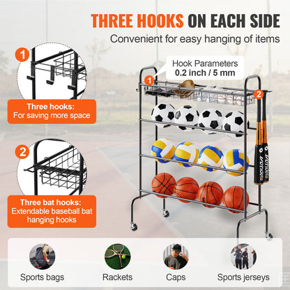 Basketball Rack, 4-Layers Rolling Basketball Shooting Training Stand, Sports Equipment Storage Organizer with Wheels, Hooks and Baskets, Garage Ball Storage Holder for Football Soccer Volleyball