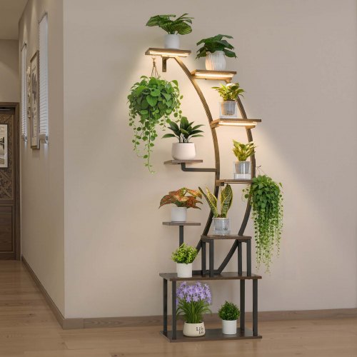 Plant Stand Indoor with Grow Lights, 63 in Tall 9-Tier Lighted Plant Shelf, Metal Corner Plants Holder, 3 Timer & 10 Brightness, Curve-Shaped Flower Display Rack for Living Room Balcony Decor