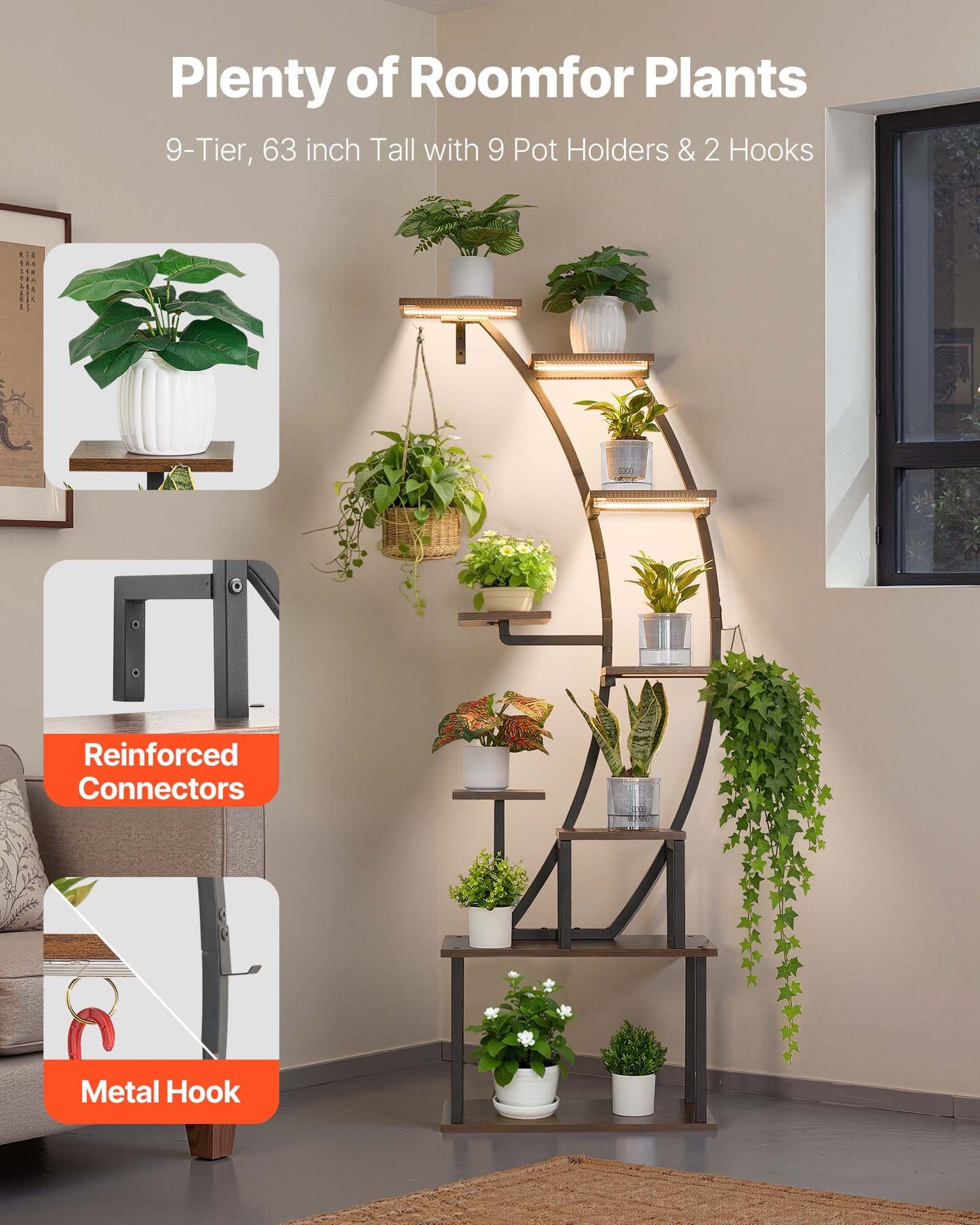 Plant Stand Indoor with Grow Lights, 63 in Tall 9-Tier Lighted Plant Shelf, Metal Corner Plants Holder, 3 Timer & 10 Brightness, Curve-Shaped Flower Display Rack for Living Room Balcony Decor