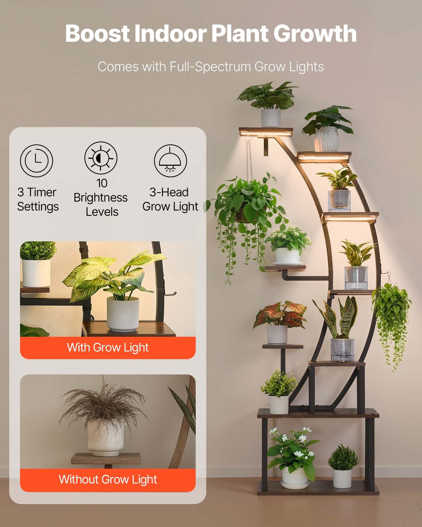 Plant Stand Indoor with Grow Lights, 63 in Tall 9-Tier Lighted Plant Shelf, Metal Corner Plants Holder, 3 Timer & 10 Brightness, Curve-Shaped Flower Display Rack for Living Room Balcony Decor