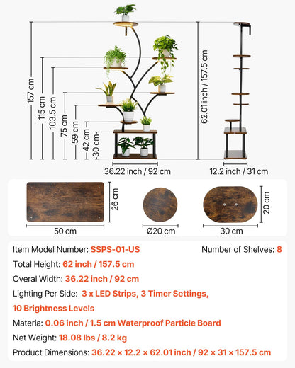 Plant Stand Indoor with Grow Lights, 62 in Tall 8-Tier Lighted Plant Shelf, Metal Corner Plants Holder, 3 Timer & 10 Brightness, Tree-Shaped Flower Display Rack for Living Room Balcony Decor