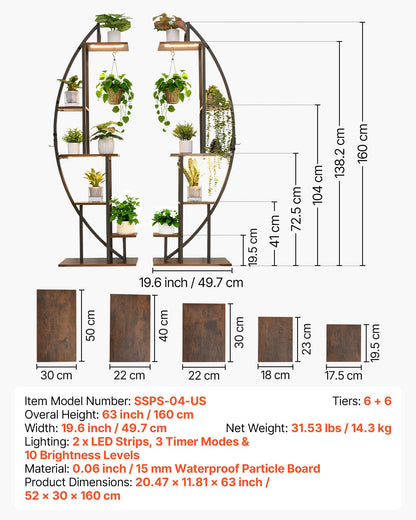 Plant Stand Indoor with Grow Lights, 63 in Tall 6-Tiered Lighted Plant Shelf, 2 Pack Metal Corner Plants Holder, 3 Timer & 10 Brightness, Half-Moon Shaped Flower Display Rack for Living Room