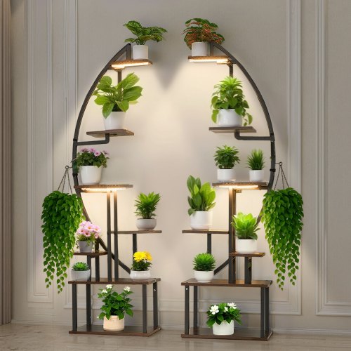 Plant Stand Indoor with Grow Lights, 65.5 in Tall 7-Tiered Lighted Plant Shelf, 2 Pack Metal Corner Plants Holder, 3 Timer & 10 Brightness, Half-Moon Shaped Flower Display Rack for Living Room