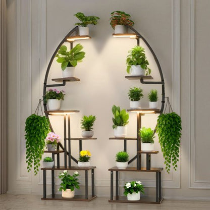 Plant Stand Indoor with Grow Lights, 65.5 in Tall 7-Tiered Lighted Plant Shelf, 2 Pack Metal Corner Plants Holder, 3 Timer & 10 Brightness, Half-Moon Shaped Flower Display Rack for Living Room