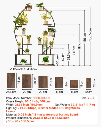 Plant Stand Indoor with Grow Lights, 65.5 in Tall 7-Tiered Lighted Plant Shelf, 2 Pack Metal Corner Plants Holder, 3 Timer & 10 Brightness, Half-Moon Shaped Flower Display Rack for Living Room