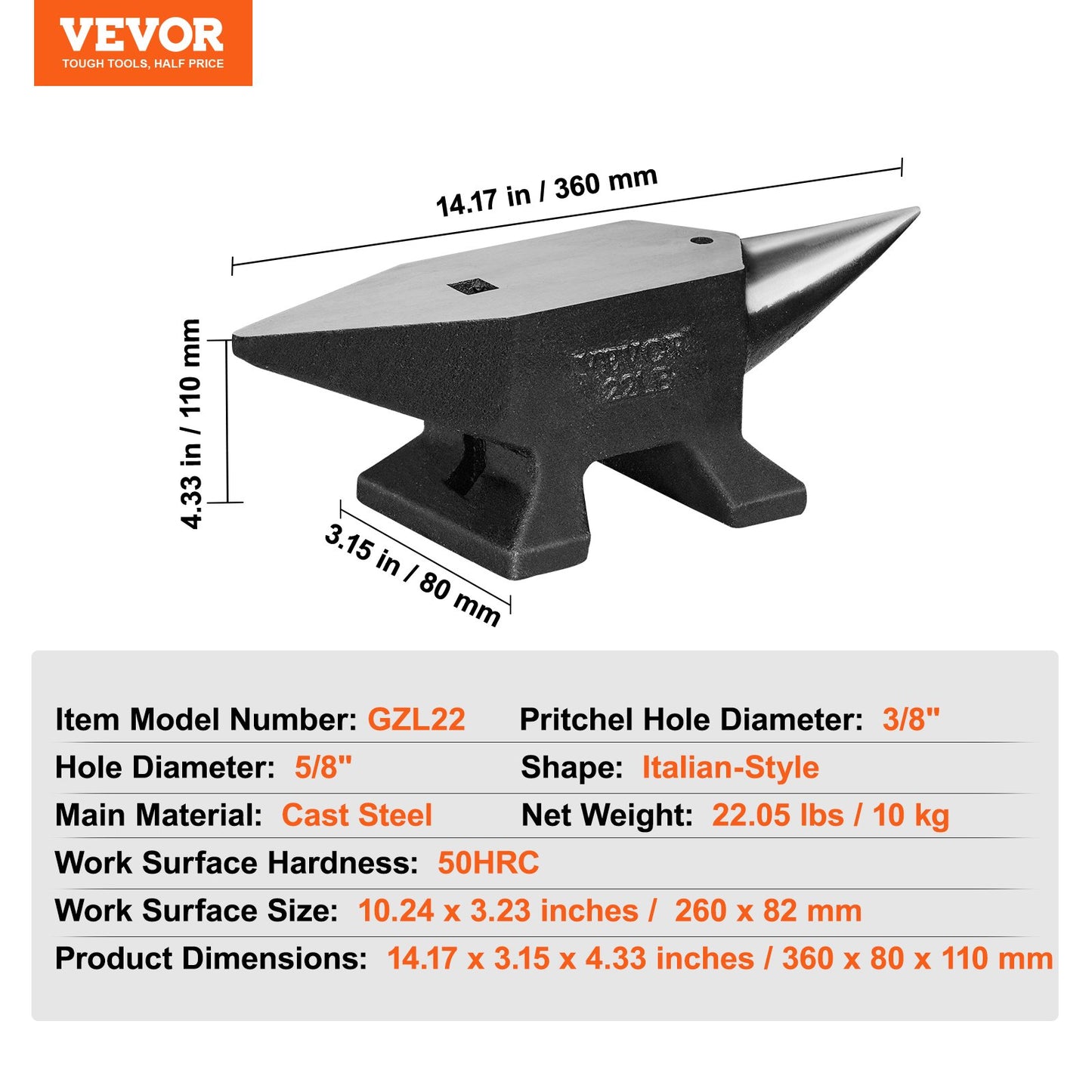Single horn anvil, 22 pound cast steel anvil, sturdy round horn anvil with high hardness, large worktop and stable base, with round and square hole, metalsmith tool for bending and shaping