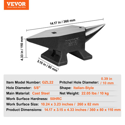 Single Horn Anvil, 22Lbs Cast Steel Anvil, High Hardness Rugged Round Horn Anvil Blacksmith, Large Countertop and Stable Base, with Round and Square Hole, Metalsmith Tool for Bending and Shaping