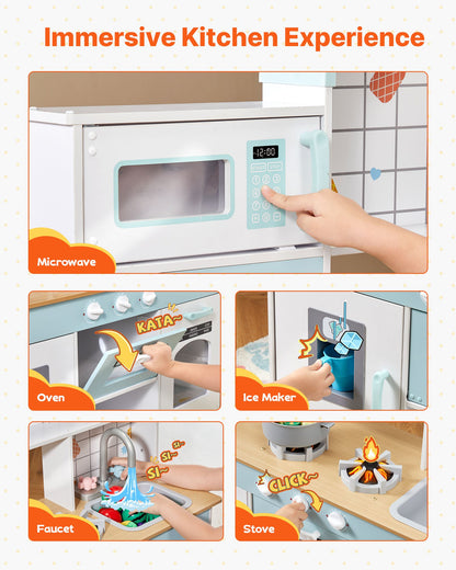 Play Kitchen for Kids, Wooden Toy Kitchen Set with Lights and Sounds, Toddler Kitchen with Ice Maker, Oven, Sink, Microwaves, Fridge and Utensil and Fruit Accessory for Toddlers ages 3-8, White