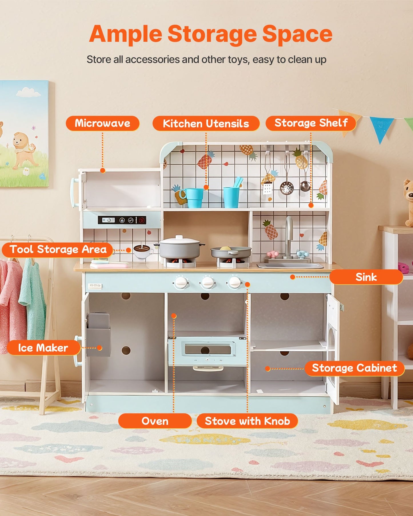 Play Kitchen for Kids, Wooden Toy Kitchen Set with Lights and Sounds, Toddler Kitchen with Ice Maker, Oven, Sink, Microwaves, Fridge and Utensil and Fruit Accessory for Toddlers ages 3-8, White