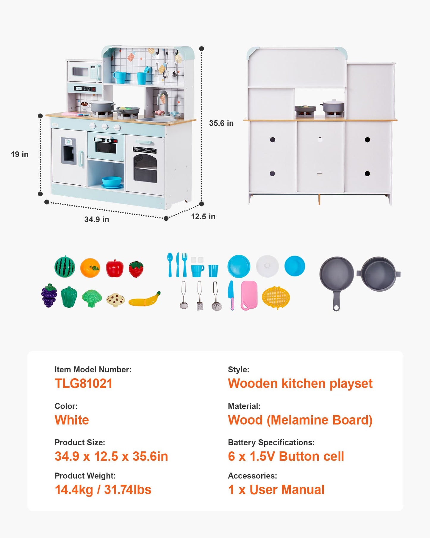Play Kitchen for Kids, Wooden Toy Kitchen Set with Lights and Sounds, Toddler Kitchen with Ice Maker, Oven, Sink, Microwaves, Fridge and Utensil and Fruit Accessory for Toddlers ages 3-8, White