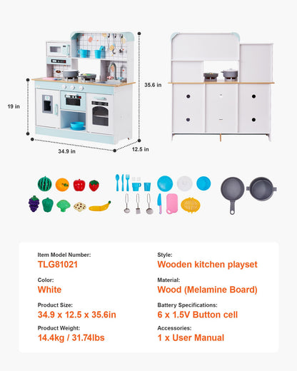 Play Kitchen for Kids, Wooden Toy Kitchen Set with Lights and Sounds, Toddler Kitchen with Ice Maker, Oven, Sink, Microwaves, Fridge and Utensil and Fruit Accessory for Toddlers ages 3-8, White