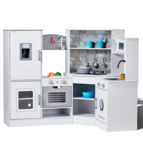 Corner Wooden Play Kitchen, Toy Set with Lights and Sounds, Toddler Kitchen with Ice Maker, Oven, Sink, Clock, Microwaves, Refrigerator and Accessories, for Toddlers, Preschoolers, White
