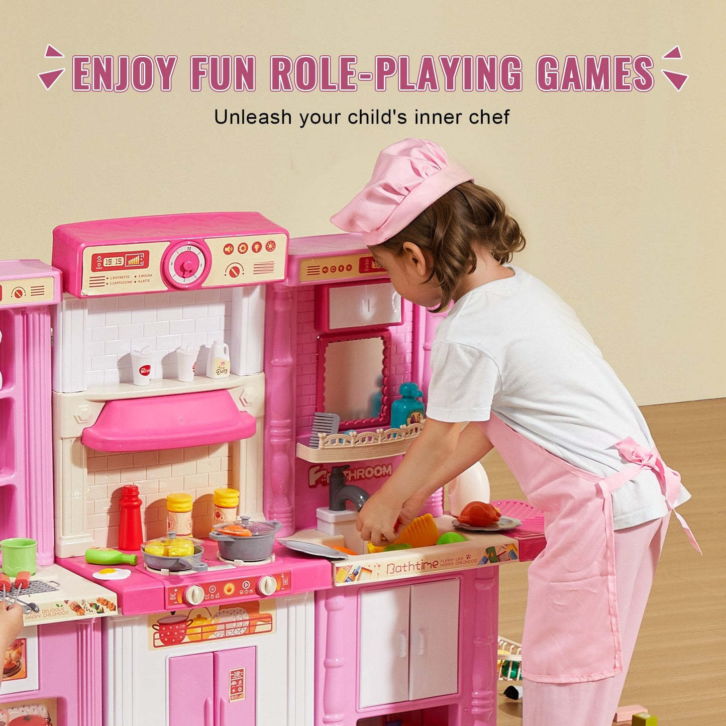 Küchenspielset für Kinder, Spielzeug zum Kochen, 74-teiliges Zubehör, Rosa