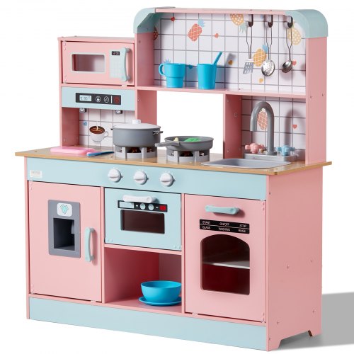 Play Kitchen for Kids, Wooden Toy Kitchen Set with Lights and Sounds, Toddler Kitchen with Ice Maker, Oven, Sink, Microwaves, Fridge and Utensil and Fruit Accessory for Toddlers ages 3-8,Pink