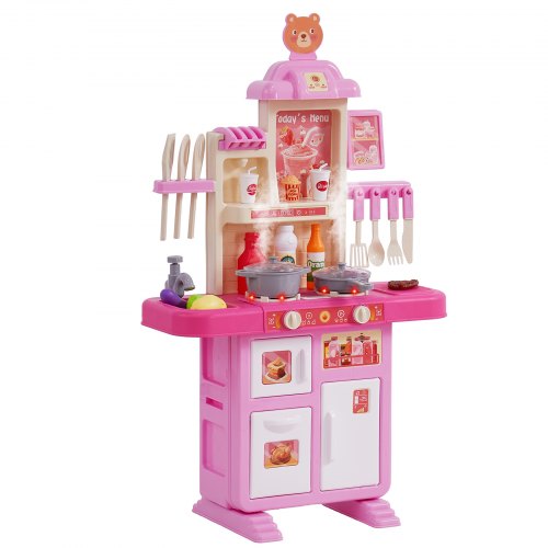 Kids Kitchen Playset, Toddler Kitchen with Cooking Stove with Steam, Sounds and Lights, Play Kitchen Set with 48 PCS Cooking Accessory Set for Toddlers, Preschoolers, Children Ages 3-5, Pink