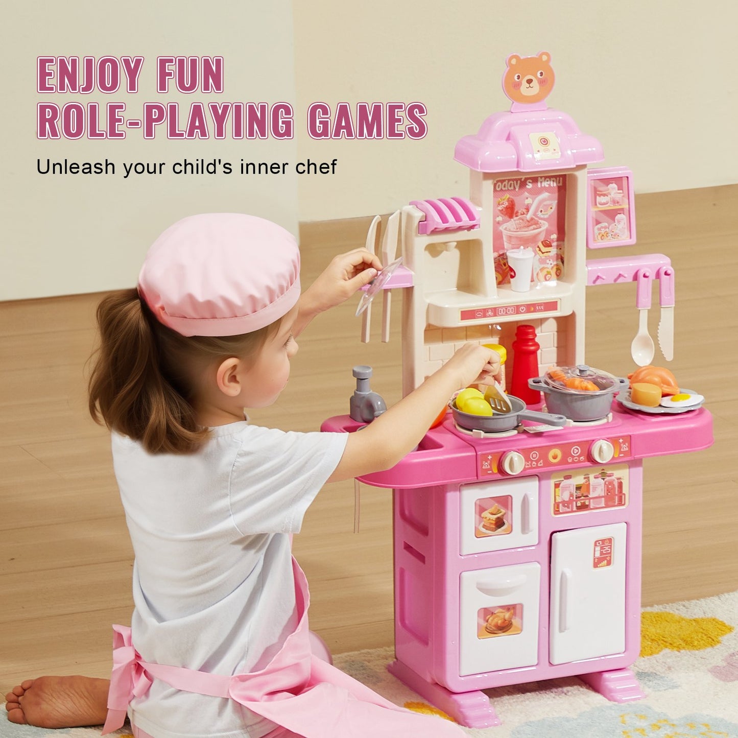 Küchenspielset für Kinder, Spielzeug zum Kochen, 48-teilig, Zubehör, Rosa