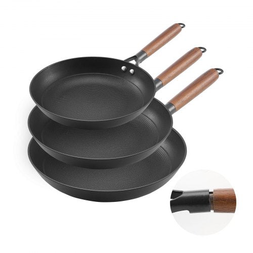 Cast Iron Skillet, 3-Piece Frying Pan Set (8, 10, 12 in), Nonstick Skillets with Detachable Wood Handle, Pre-Seasoned Chef's Pan, Kitchen Cookware for Gas, Electrical, and Induction, Black